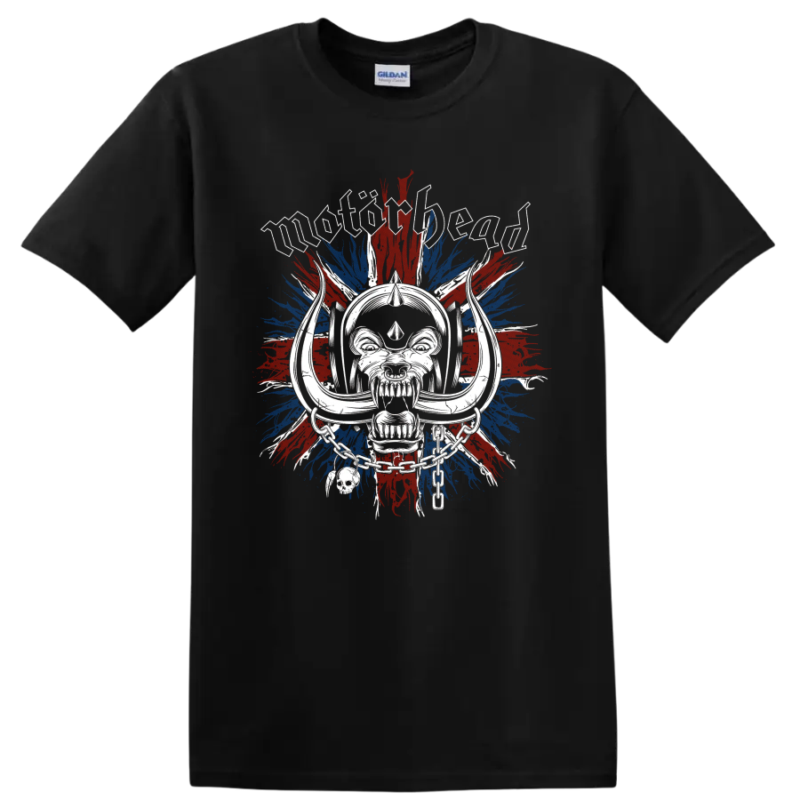 Motorhead Warpig skull with chains over distressed Union Jack paint bursts on a Black T Shirt