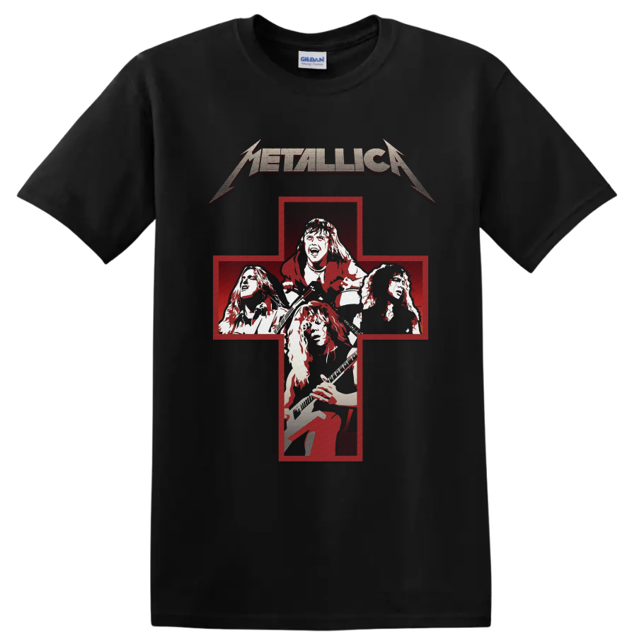 Metallica Cliff ’Em All distressed red cross band portrait graphic on a Black T Shirt