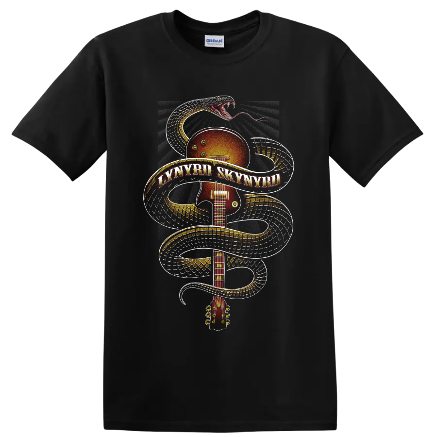 Lynyrd Skynyrd snake-wrapped sunburst guitar in vintage rock poster style on a Black T Shirt