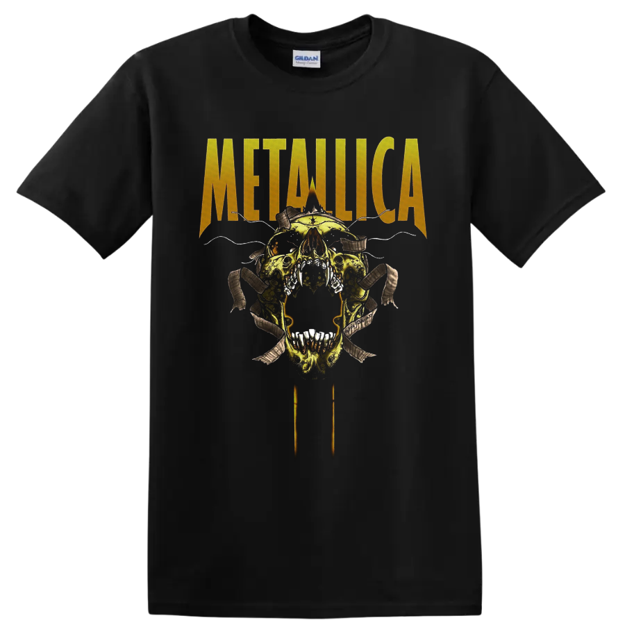 Metallica distressed logo above a horned skull with barbed wire and torn ribbons on a Black T Shirt