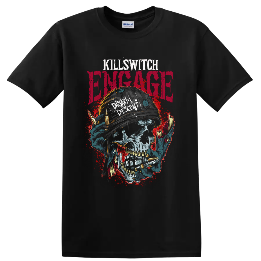 Killswitch Engage Disarm the Descent skull helmet and bullet graphic on a Black T Shirt