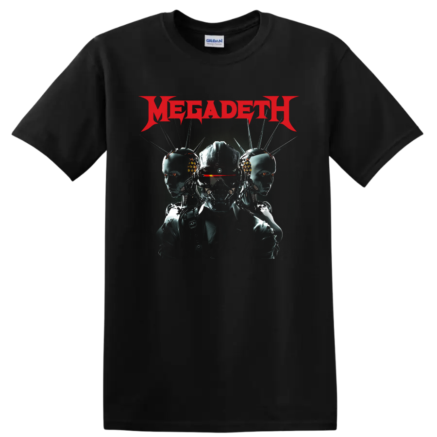 Megadeth logo above Vic Rattlehead cyberpunk robot trio graphic on a Black T Shirt