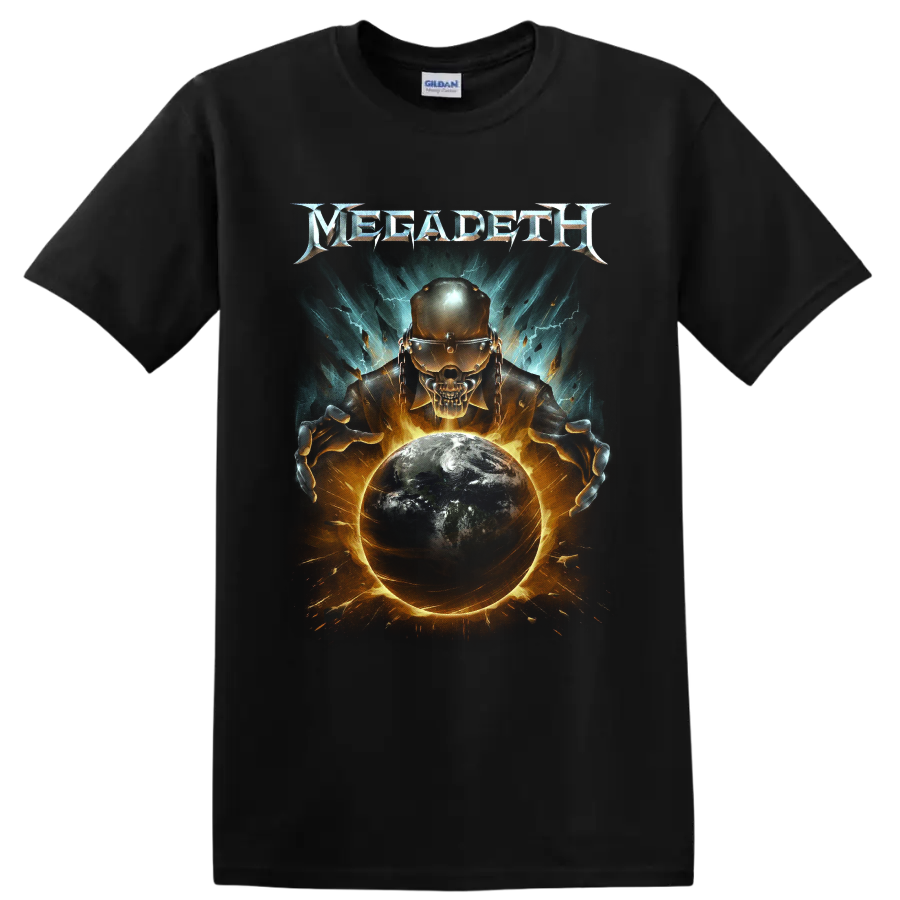 Megadeth Vic Rattlehead skull with burning Earth, lightning, and fiery cosmic art on a Black T Shirt