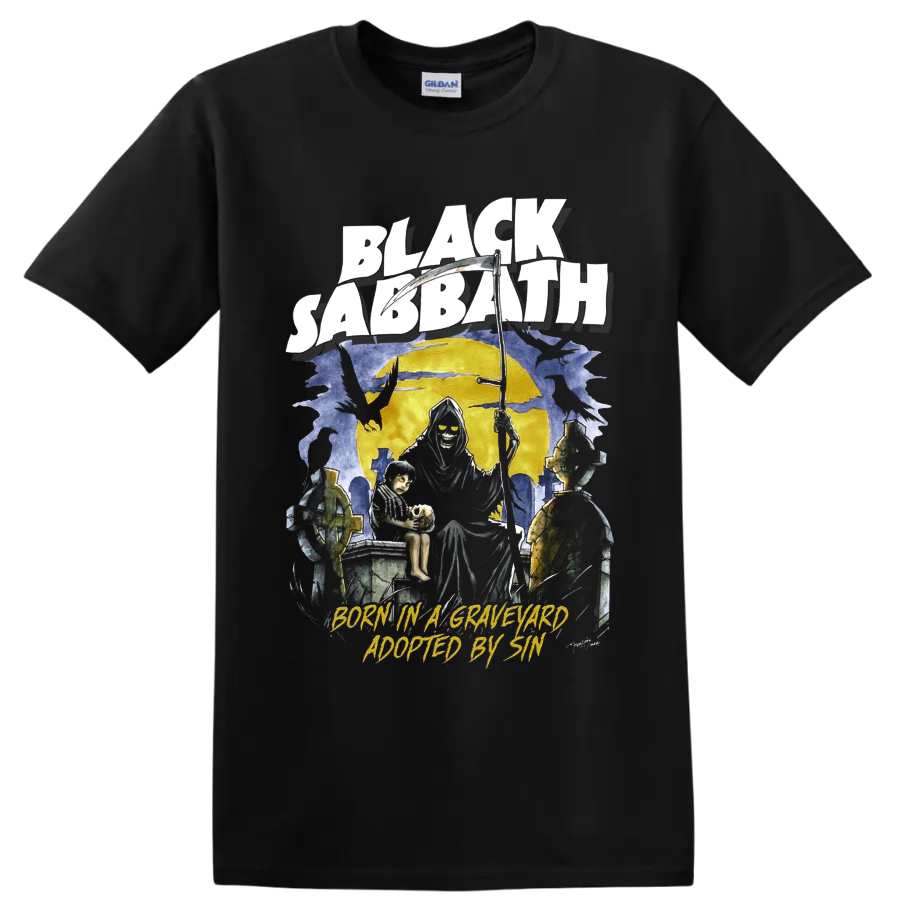 Black Sabbath Grim Reaper graveyard graphic with Born in a Graveyard Adopted by Sin text on a Black T Shirt