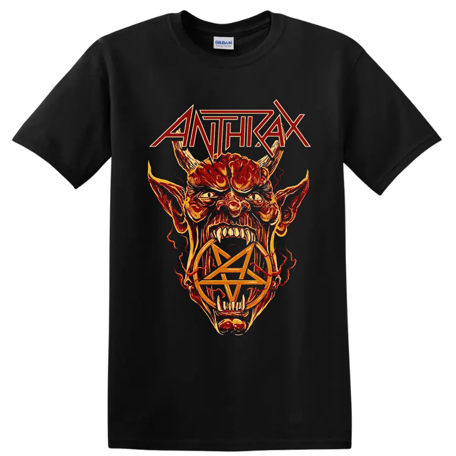 Anthrax logo above a horned snarling creature and pentagram in fiery distressed art on a Black T Shirt