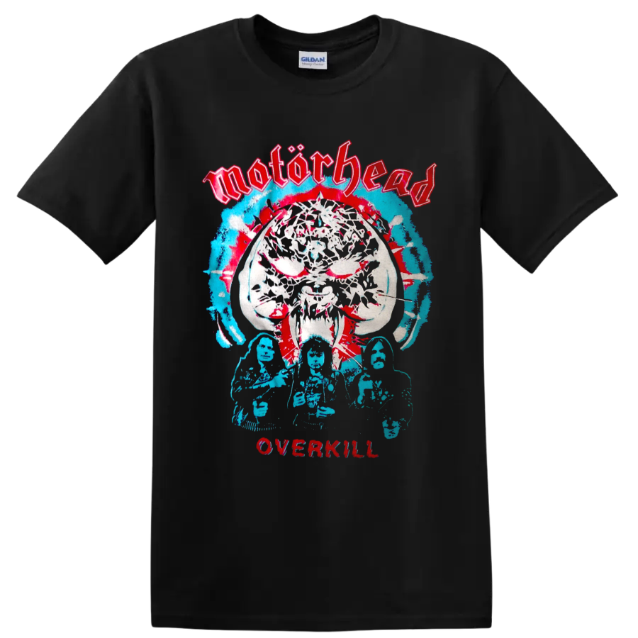 Motorhead Overkill Warpig skull graphic with distressed band figures on a Black T Shirt