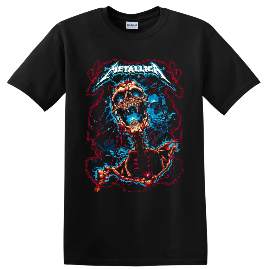 Metallica logo above a skull and skeleton with electric lightning and red linework on a Black T Shirt