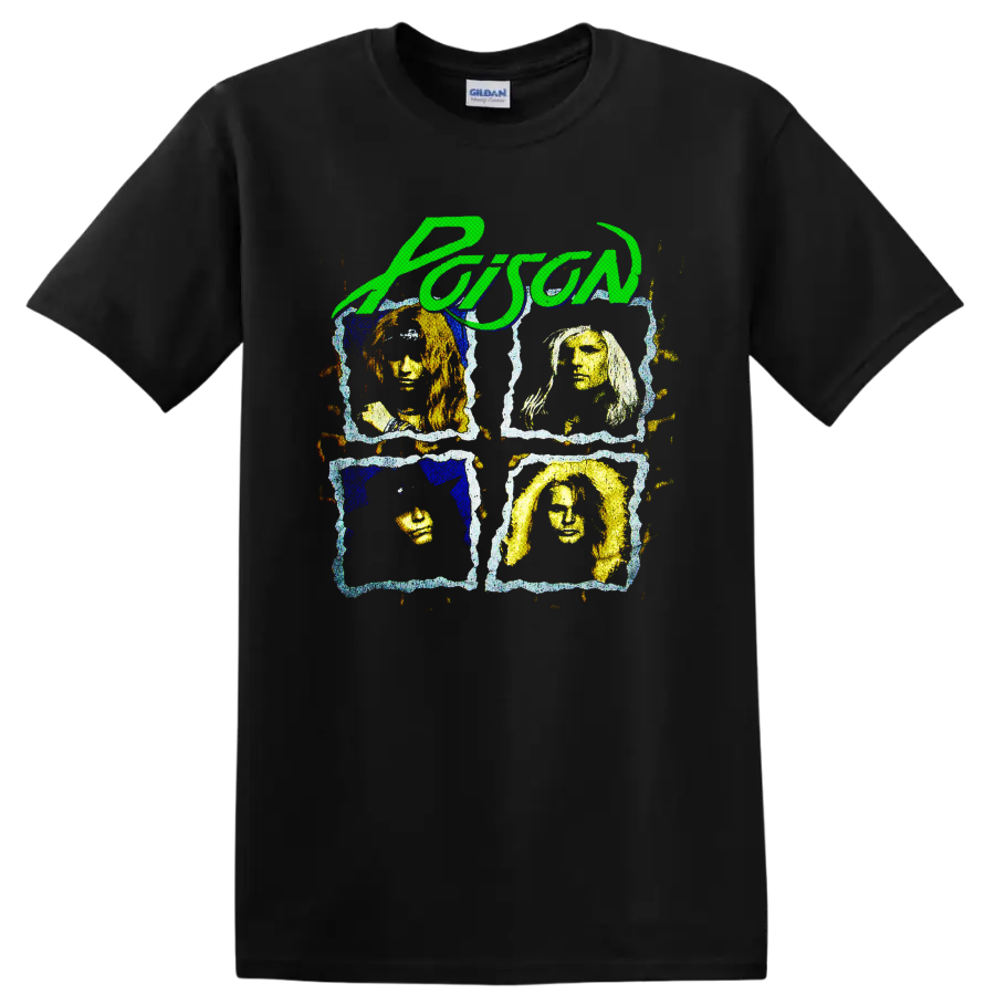 Poison green script above four distressed rock band portrait panels on a Black T Shirt