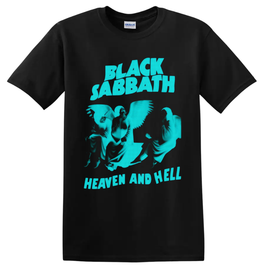 Black Sabbath Heaven and Hell aqua graphic with winged figures and bold lettering on a Black T Shirt