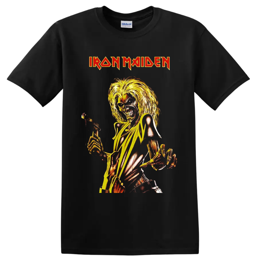 Iron Maiden Killers Eddie the Head skeleton with axe in fiery vintage metal art on a Black T Shirt