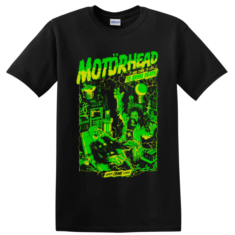 Motorhead Horror Crime Stories neon sci-fi laboratory graphic with skeletons and machinery on a Black T Shirt