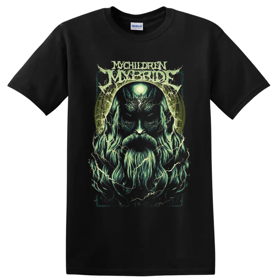 MyChildren MyBride logo above a spectral bearded portrait with lightning on a Black T Shirt