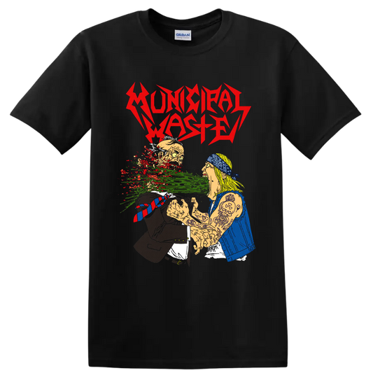 Municipal Waste jagged logo over grotesque cartoon punk horror artwork on a Black T Shirt