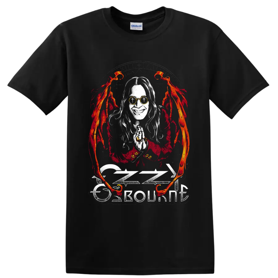 Ozzy Osbourne gothic portrait with flames, clasped hands, and distressed logo on a Black T Shirt