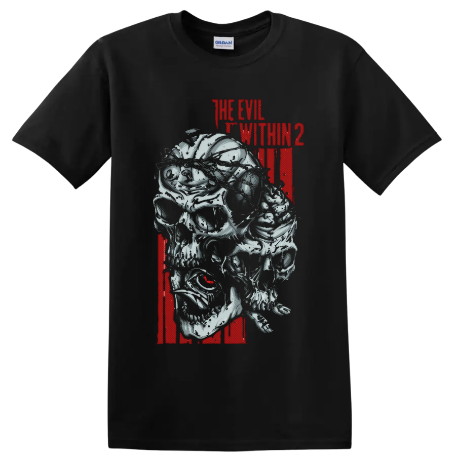 The Evil Within 2 distressed red title above layered gothic skull creature art on a Black T Shirt