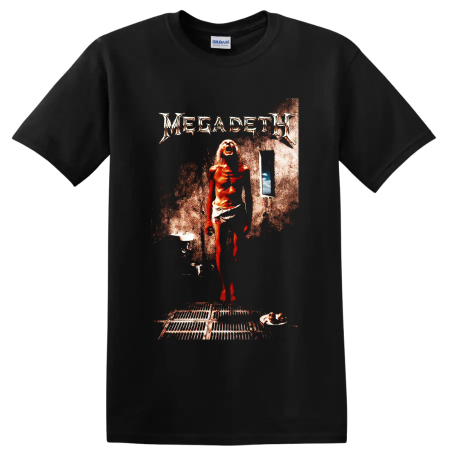 Megadeth Countdown to Extinction distressed album-art scene with red figure on a Black T Shirt