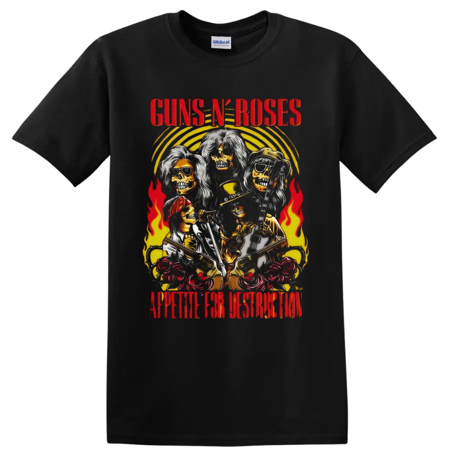 Guns N' Roses Appetite for Destruction skeletal band art with flames and roses on a Black T Shirt