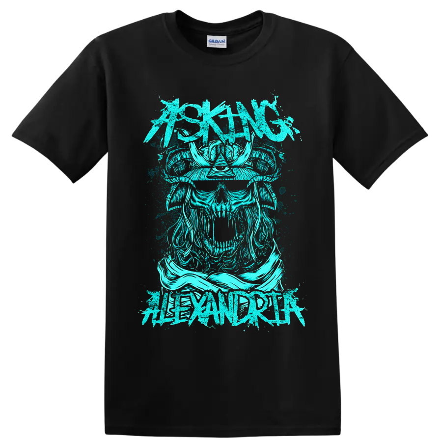 Asking Alexandria distressed turquoise Viking skull and horned helmet graphic on a Black T Shirt