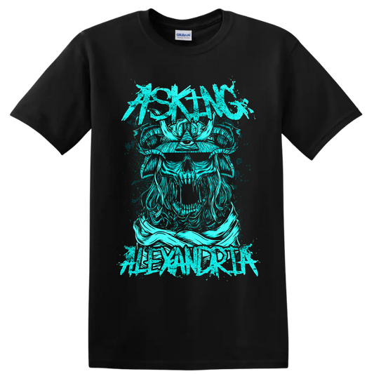 Asking Alexandria distressed turquoise Viking skull and horned helmet graphic on a Black T Shirt