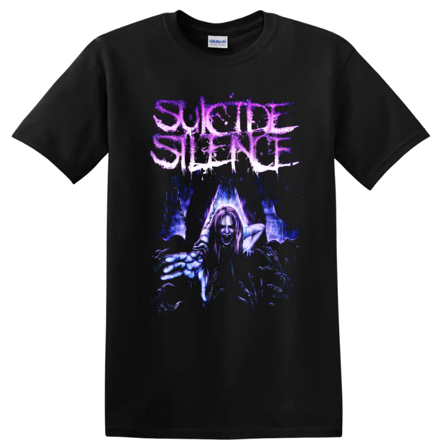 Suicide Silence distressed logo above a reaching gothic horror figure in blue and purple on a Black T Shirt