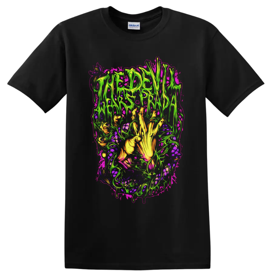 The Devil Wears Prada neon horror artwork with skeletal hand and dripping lettering on a Black T Shirt