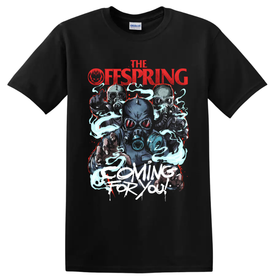The Offspring Coming for You gas-mask figures with blue smoke and distressed lettering on a Black T Shirt