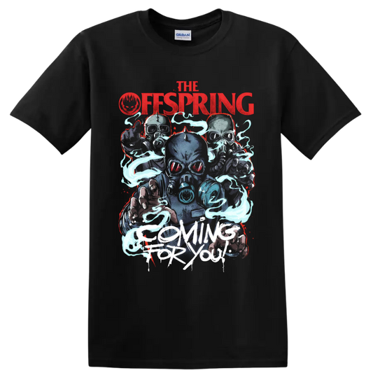 The Offspring Coming for You gas-mask figures with blue smoke and distressed lettering on a Black T Shirt