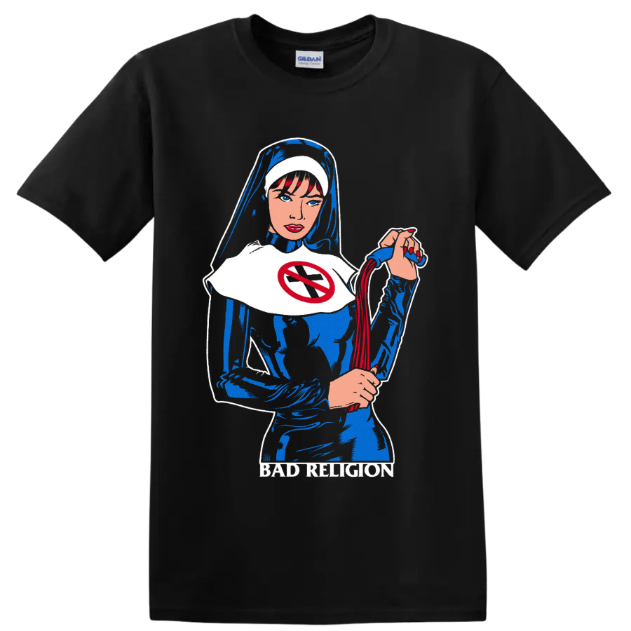 Bad Religion comic-style nun graphic with red no-cross emblem and blue-black artwork on a Black T Shirt