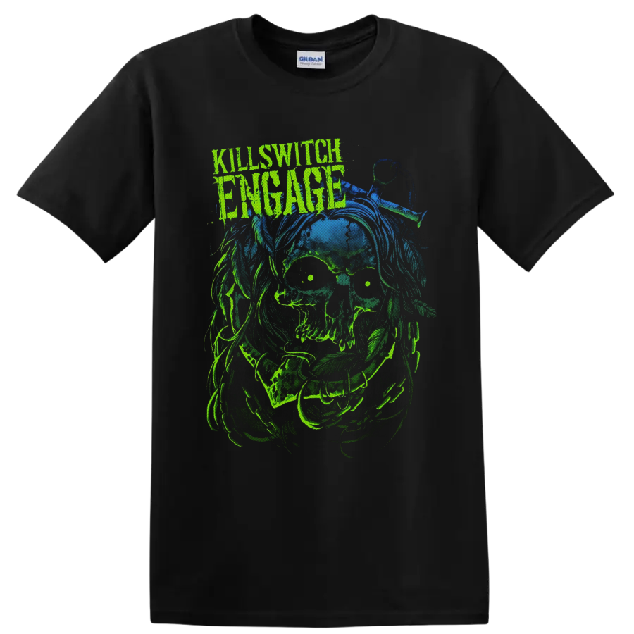 Killswitch Engage distressed logo above neon-green zombie skull horror artwork on a Black T Shirt