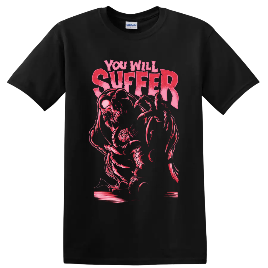 Kreator You Will Suffer distressed pink text with skeletal horror graphic on a Black T Shirt