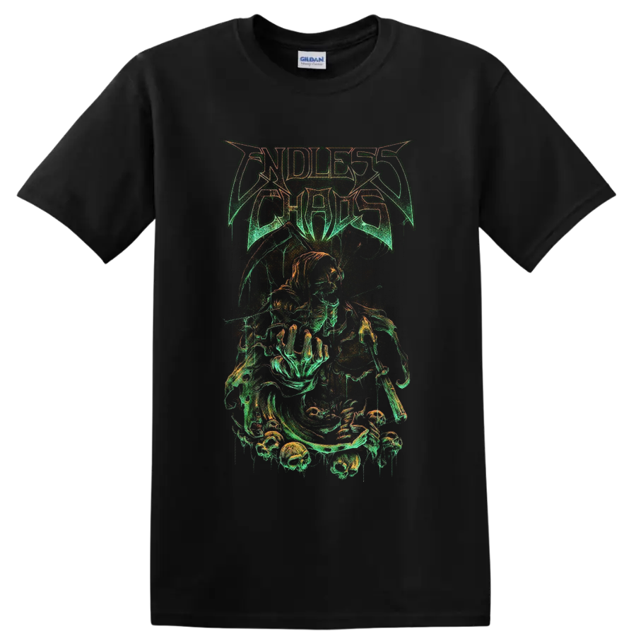 Endless Chaos hooded skeletal reaper and skull gothic metal graphic on a Black T Shirt