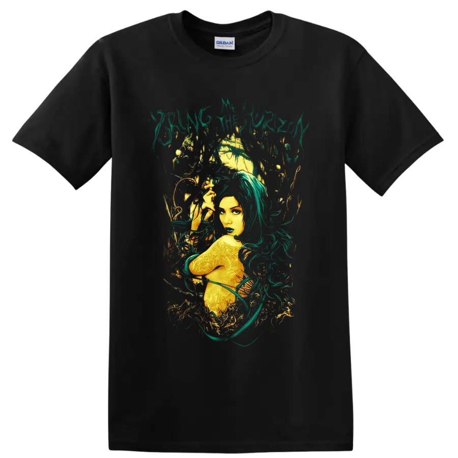 Bring Me the Horizon gothic forest nymph with teal hair, golden moon, and vines on a Black T Shirt