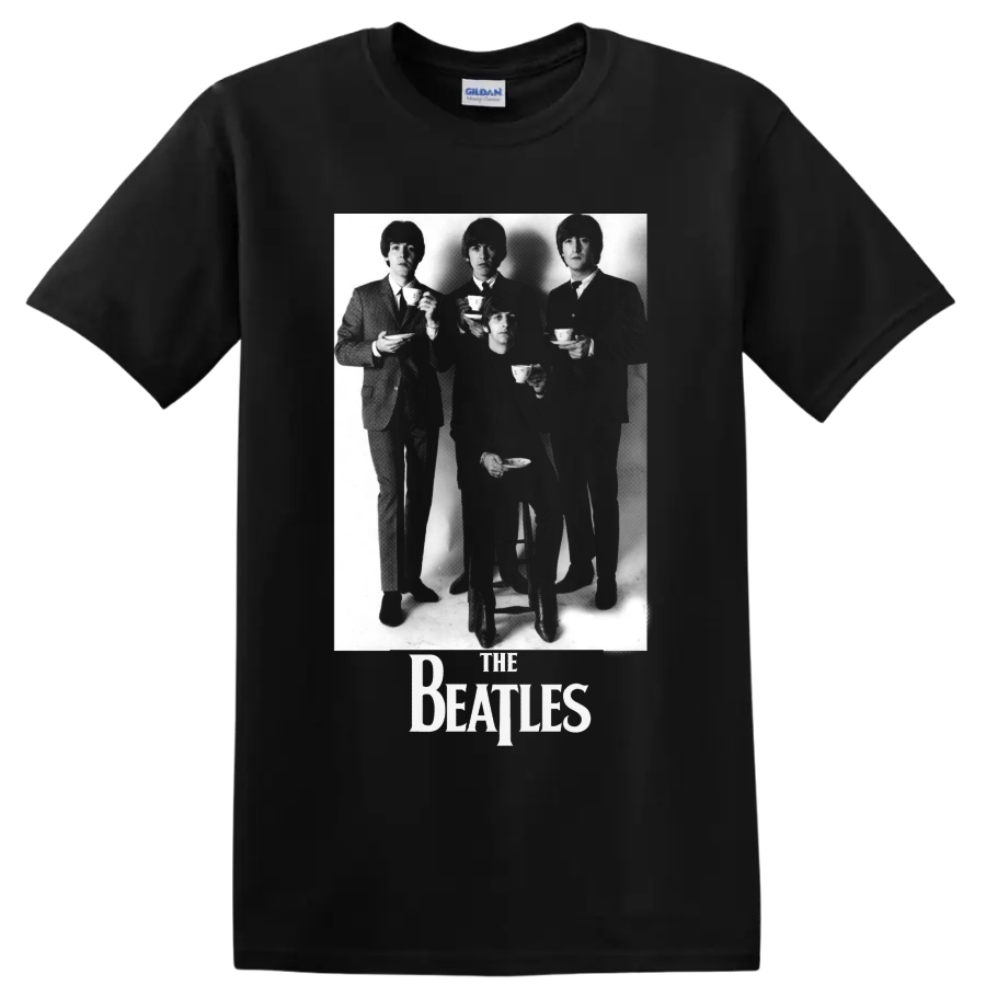The Beatles black-and-white tea party portrait with band logo on a Black T Shirt