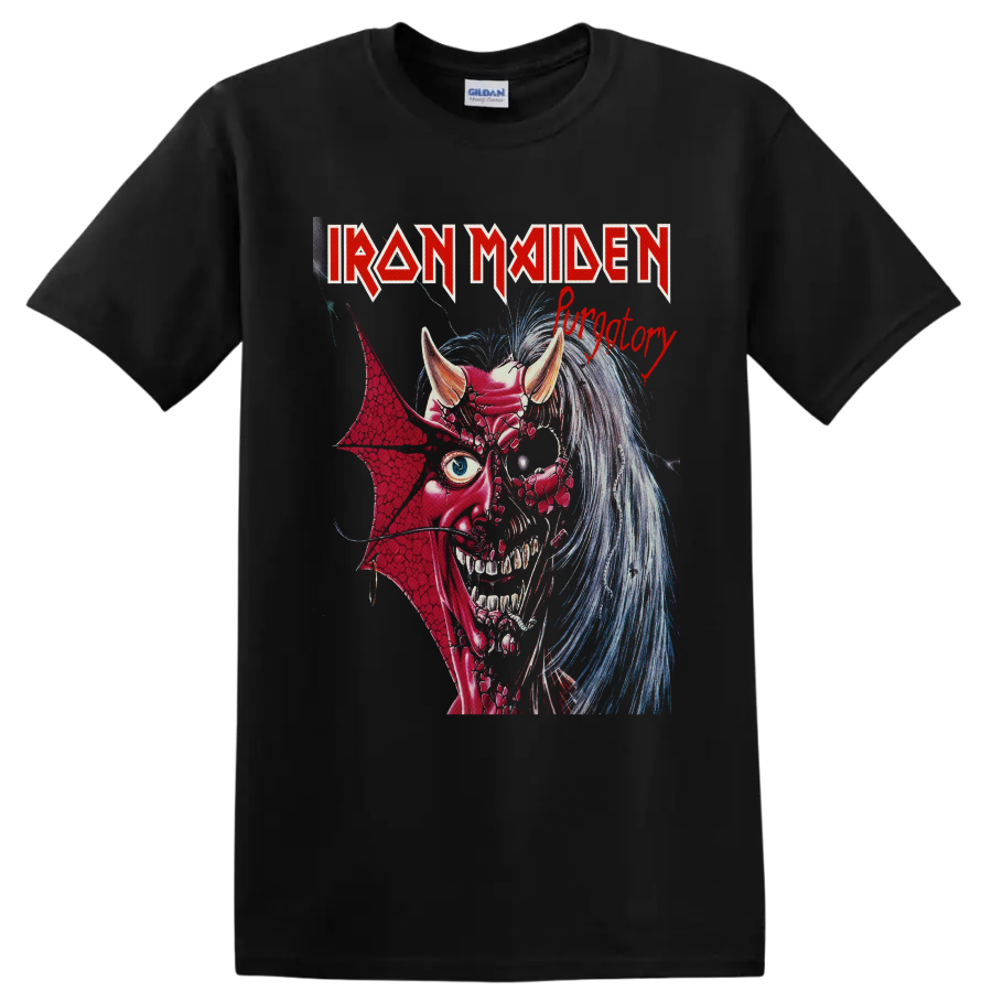 Iron Maiden Purgatory graphic with Eddie as a horned demon in vintage heavy metal art on a Black T Shirt