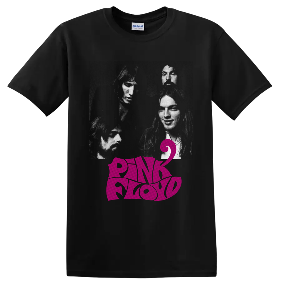 Pink Floyd band portrait graphic with magenta logo lettering and stylized number 2 on a Black T Shirt