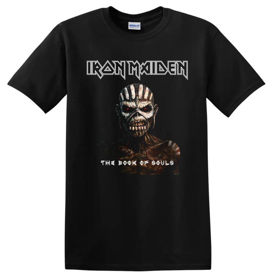 Iron Maiden The Book of Souls Eddie portrait with distressed heavy metal logo on a Black T Shirt