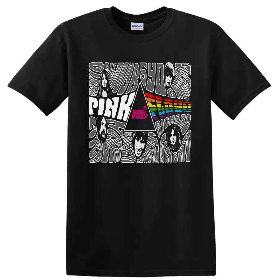 Pink Floyd Dark Side of the Moon prism and rainbow psychedelic collage on a Black T Shirt