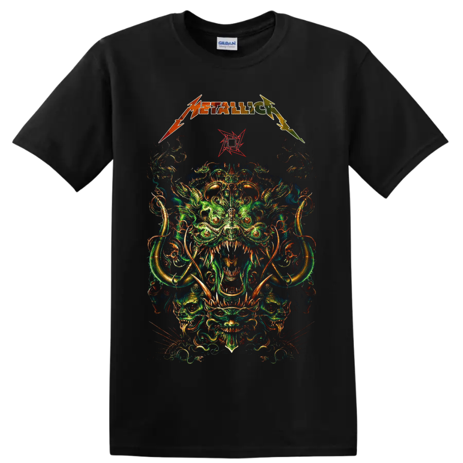 Metallica logo above psychedelic horned creature and skull artwork on a Black T Shirt