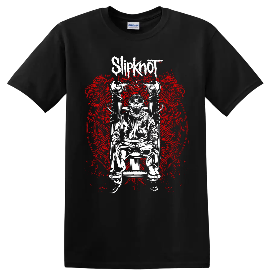 Slipknot logo above skeleton in electric chair with distressed red sigil artwork on a Black T Shirt