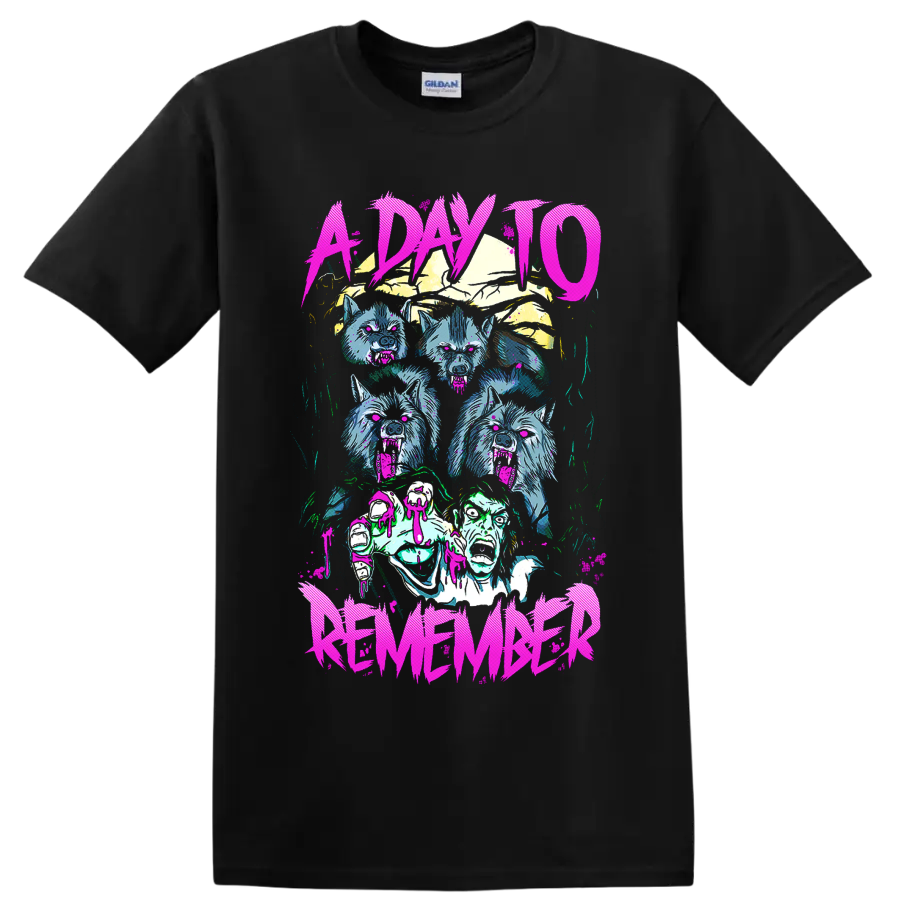 A Day to Remember neon horror graphic with snarling wolves and an undead figure on a Black T Shirt