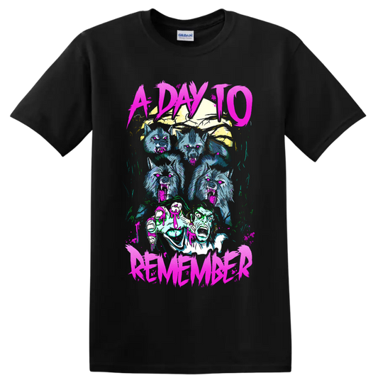 A Day to Remember neon horror graphic with snarling wolves and an undead figure on a Black T Shirt