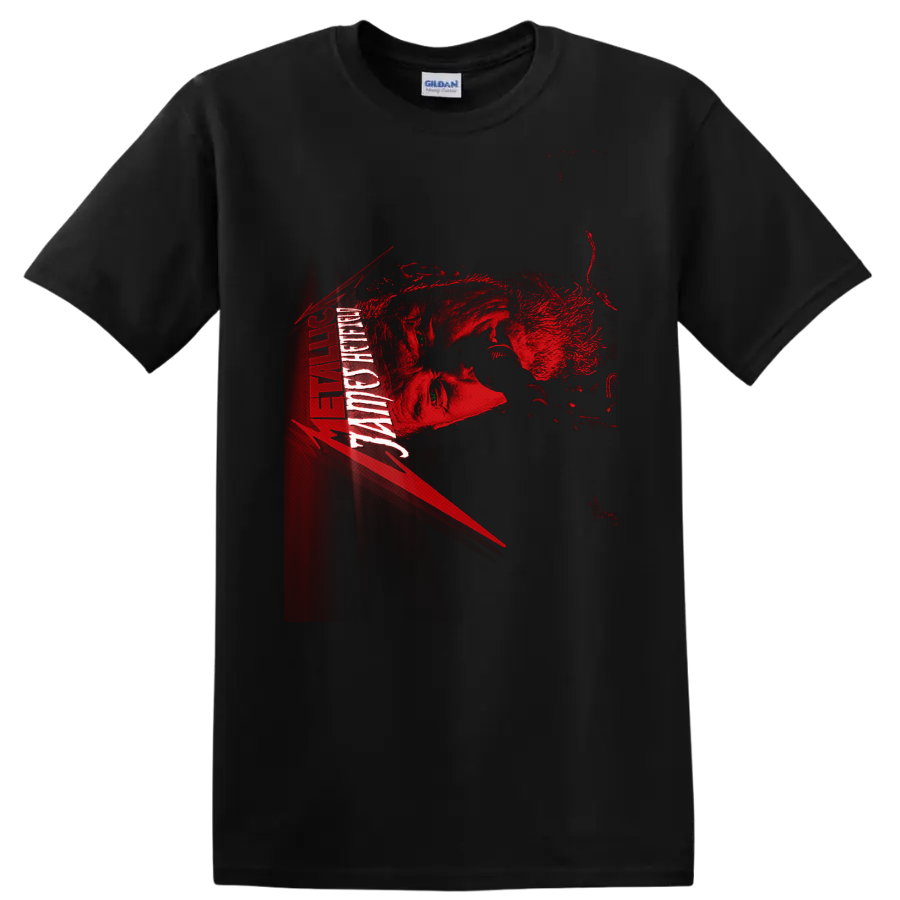 James Hetfield Metallica distressed red and black portrait graphic with vertical band on a Black T Shirt