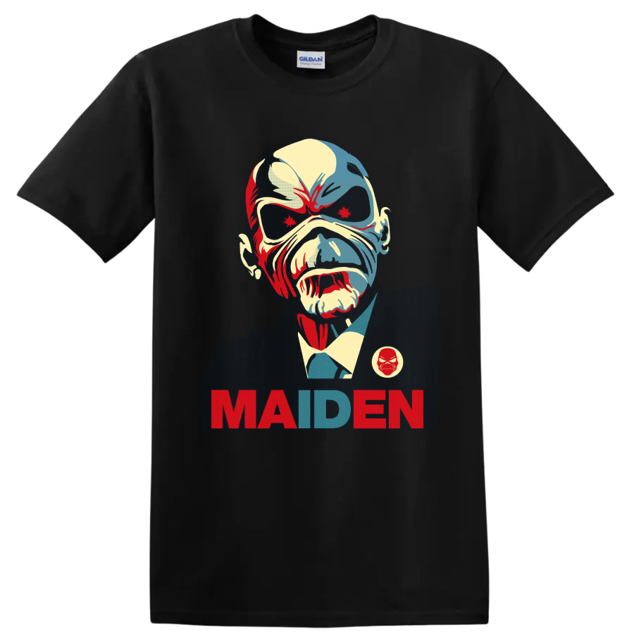 Iron Maiden Eddie the Head portrait in vintage heavy metal poster style with MAIDEN text on a Black T Shirt