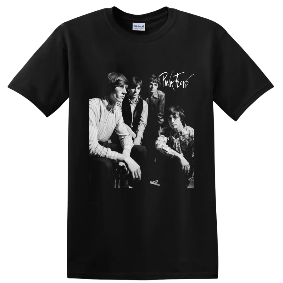 Pink Floyd original lineup black-and-white vintage portrait graphic on a Black T Shirt