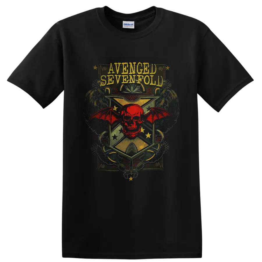 Avenged Sevenfold Deathbat red skull and bat-wing vintage crest graphic on a Black T Shirt