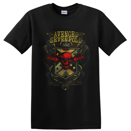 Avenged Sevenfold Deathbat red skull and bat-wing vintage crest graphic on a Black T Shirt