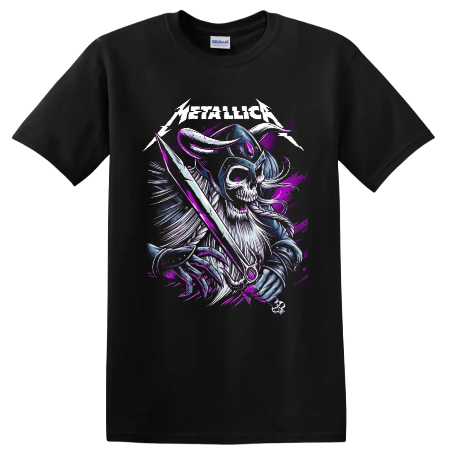 Metallica logo above a horned Viking skeleton warrior with sword in purple and blue art on a Black T Shirt