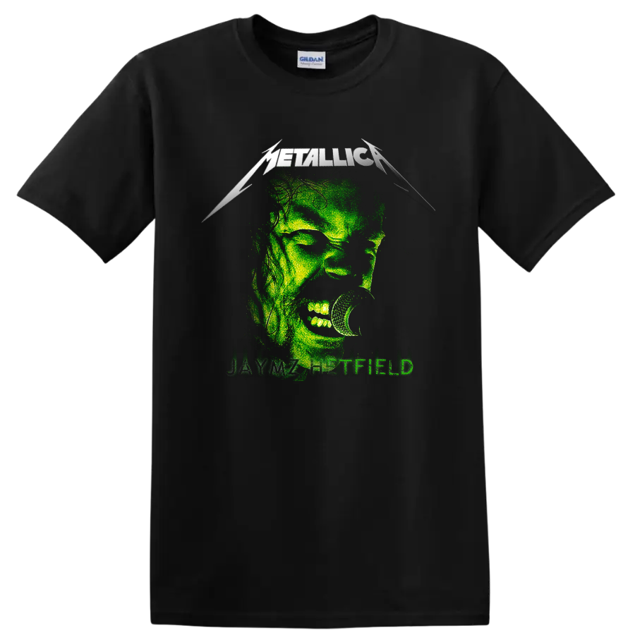 Metallica James Hetfield distressed green microphone portrait with band logo on a Black T Shirt