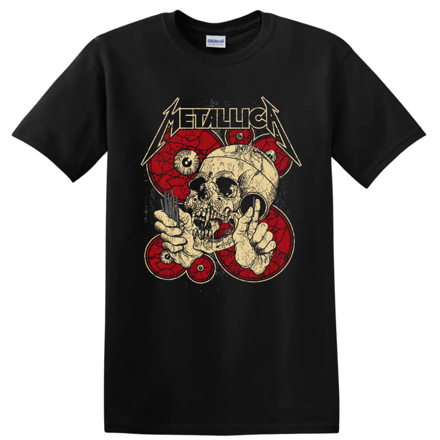 Metallica logo above distressed skull and skeletal hands with red circular graphics on a Black T Shirt