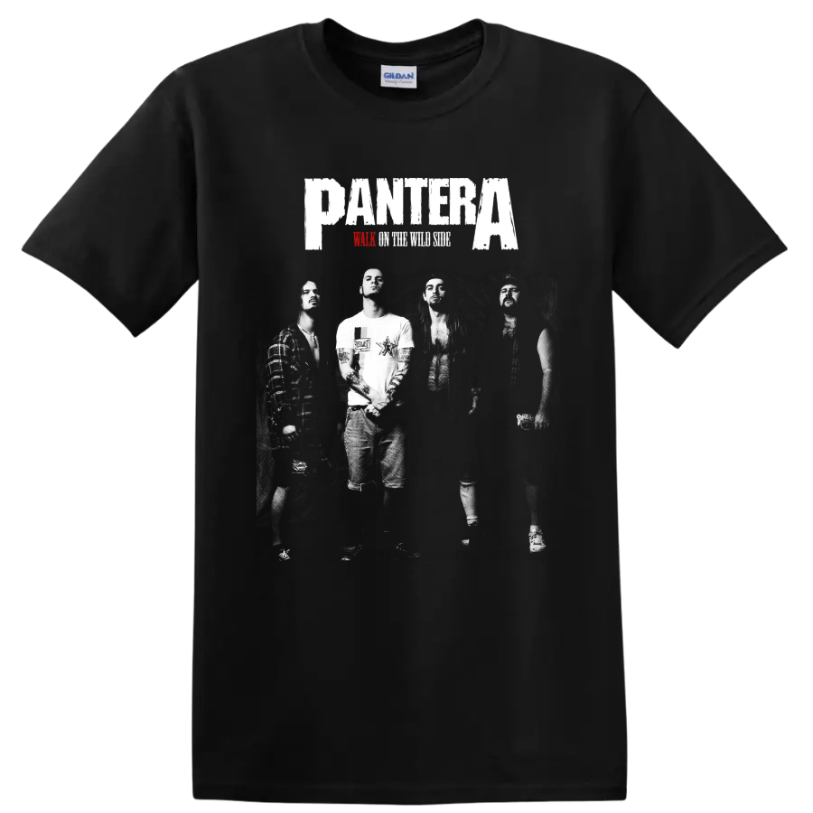 Pantera logo over black-and-white band photo with Walk on the Wild Side text on a Black T Shirt